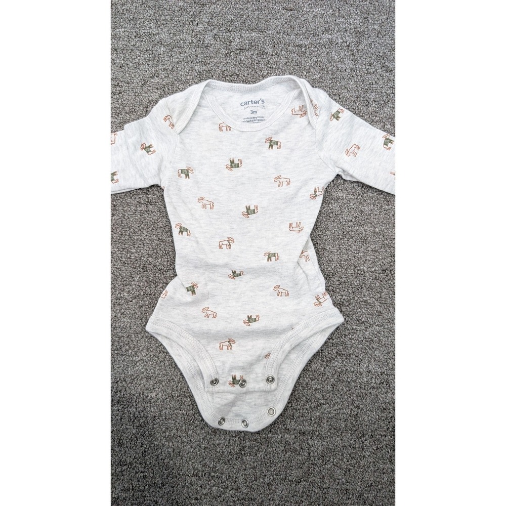 Carter‎ Just One You 3M Baby Boy Gray Moose Print Long Sleeve Bodysuit Mitten